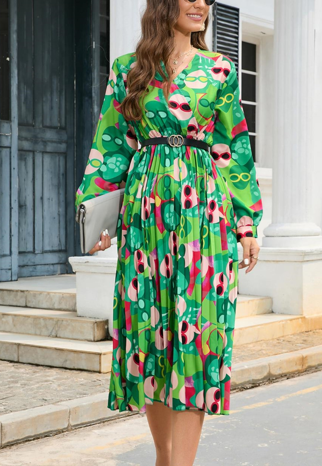 Multicolor Abstract Print Pleated Dress