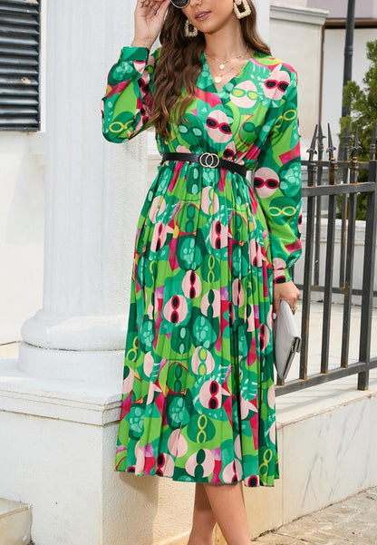 Multicolor Abstract Print Pleated Dress