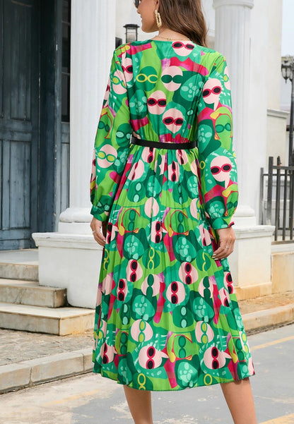 Multicolor Abstract Print Pleated Dress