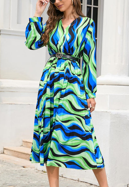 Multicolor Abstract Print Pleated Dress