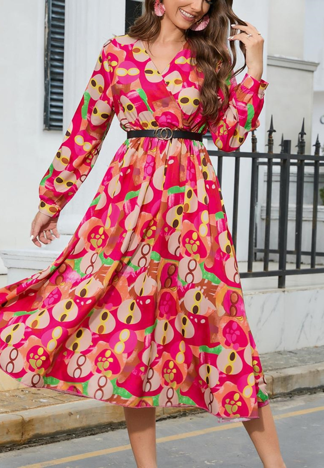 Multicolor Abstract Print Pleated Dress