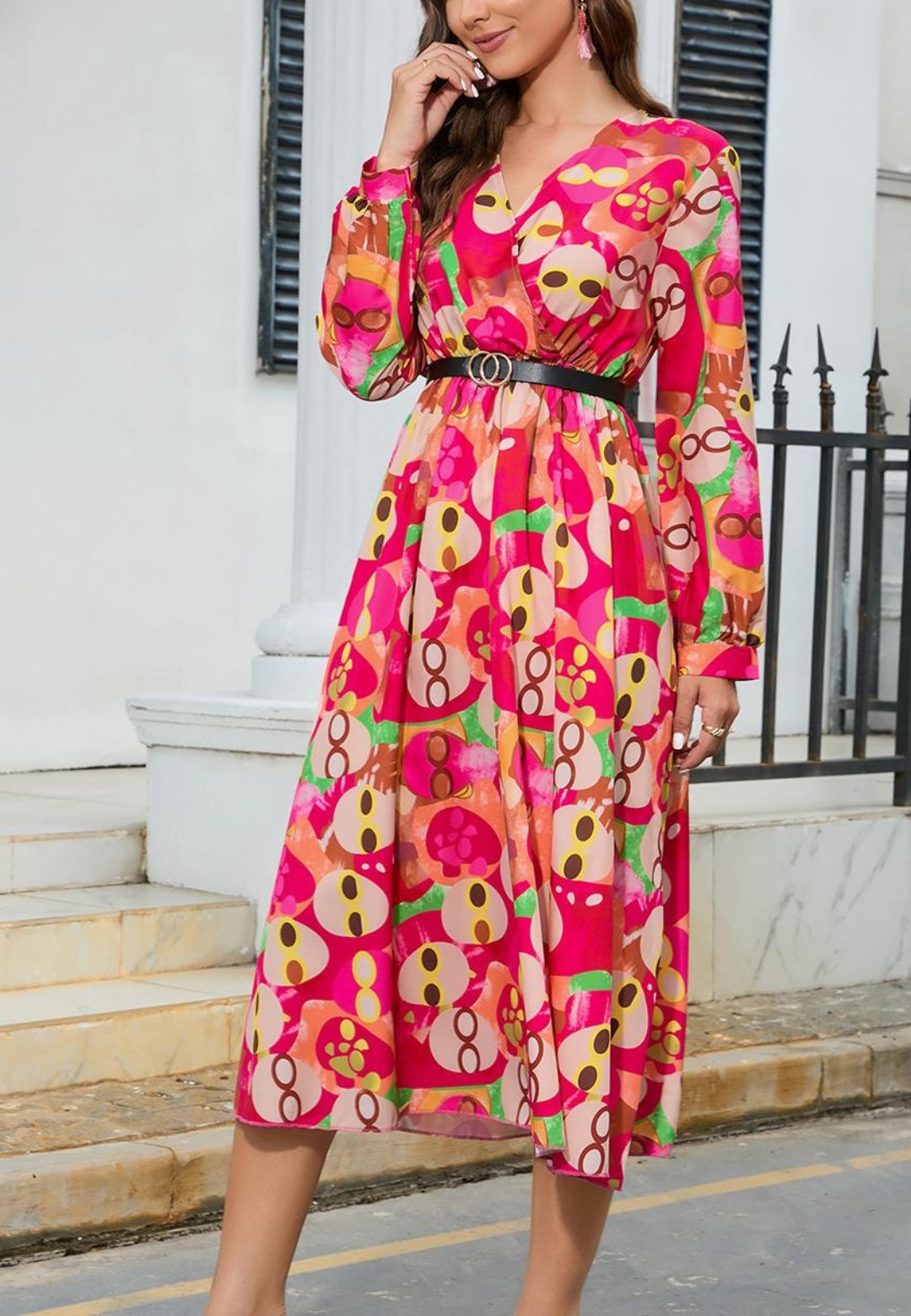 Multicolor Abstract Print Pleated Dress