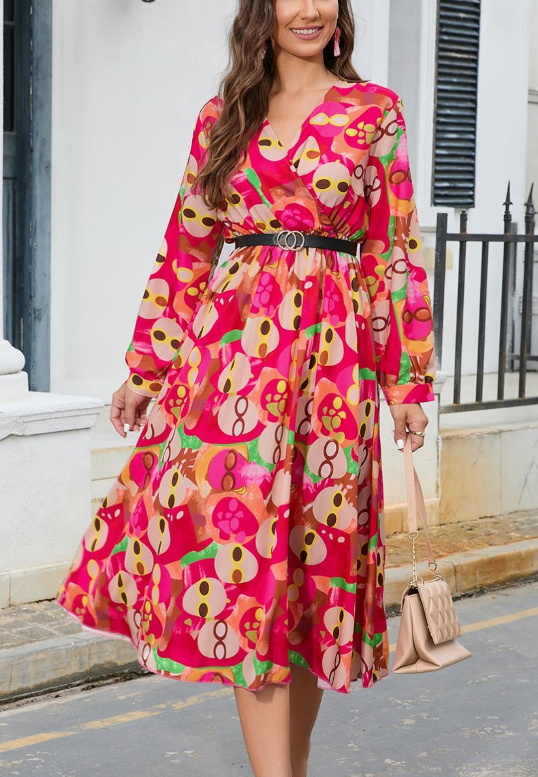 Vestido plisado con estampado abstracto multicolor