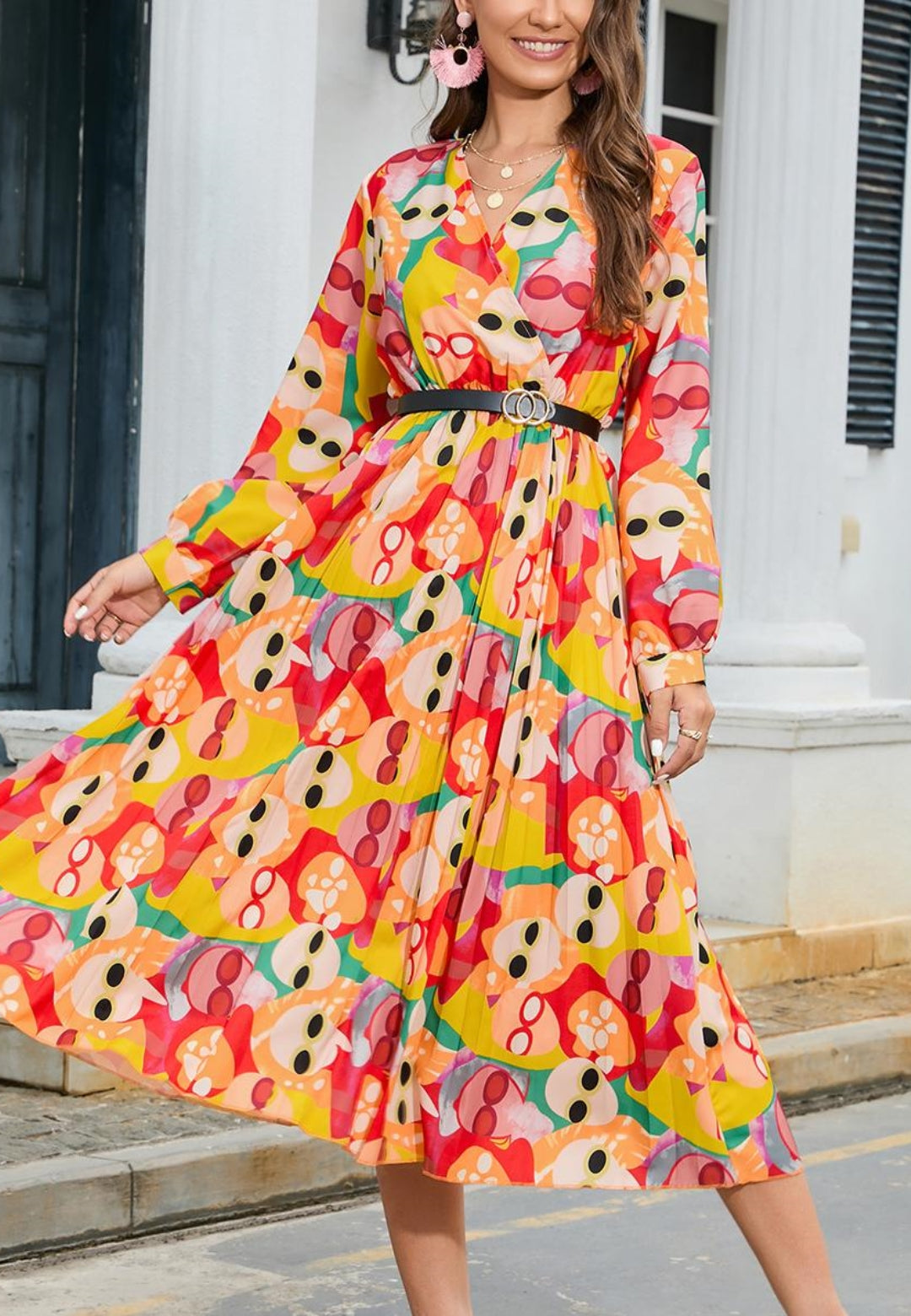 Multicolor Abstract Print Pleated Dress