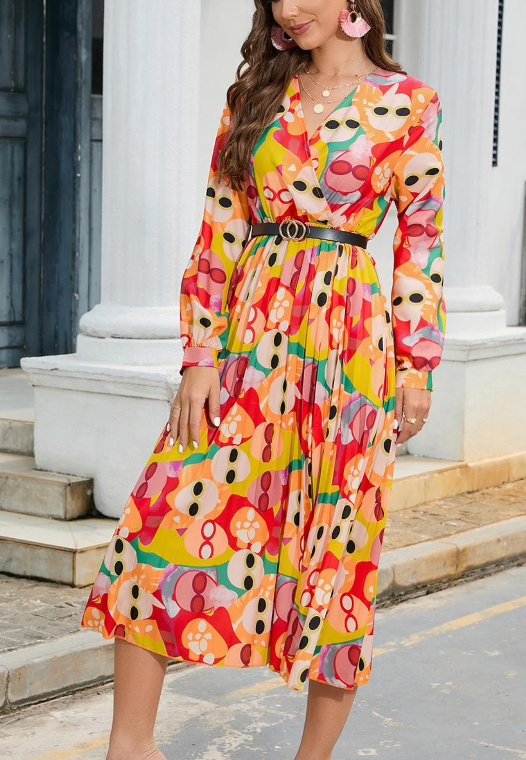 Multicolor Abstract Print Pleated Dress
