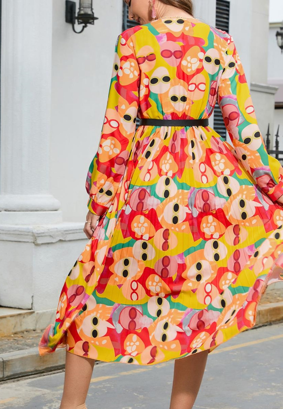 Multicolor Abstract Print Pleated Dress