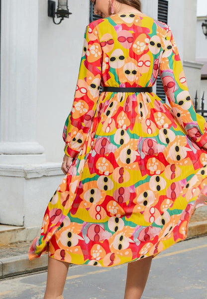 Multicolor Abstract Print Pleated Dress