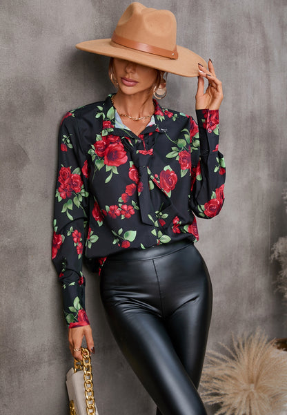 Collared Tie Neck Printed Blouse