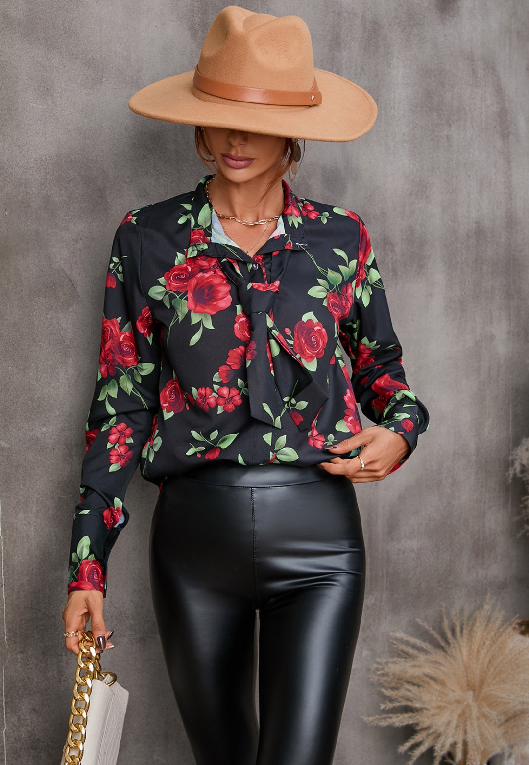 Collared Tie Neck Printed Blouse