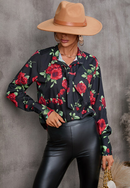 Collared Tie Neck Printed Blouse