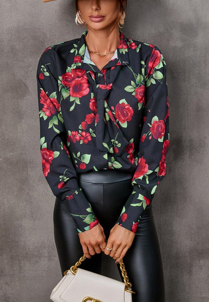 Collared Tie Neck Printed Blouse