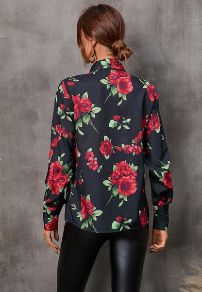 Collared Tie Neck Printed Blouse