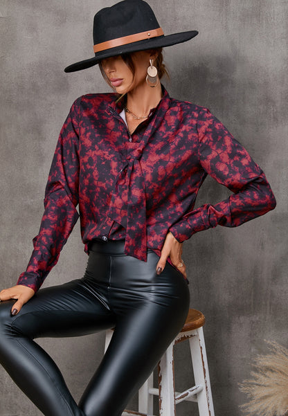 Collared Tie Neck Printed Blouse