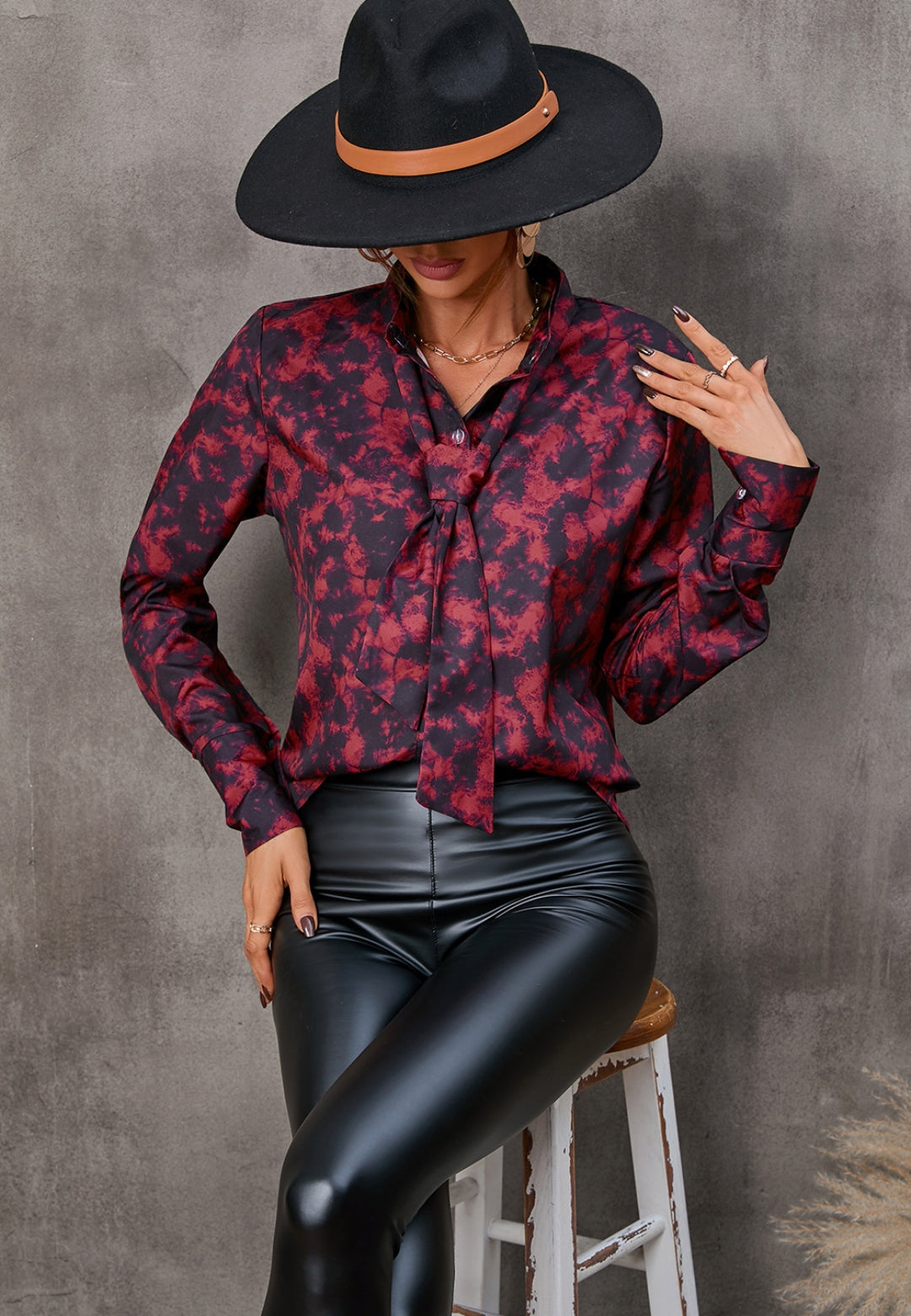 Collared Tie Neck Printed Blouse