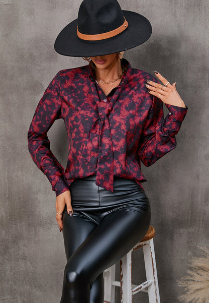 Collared Tie Neck Printed Blouse
