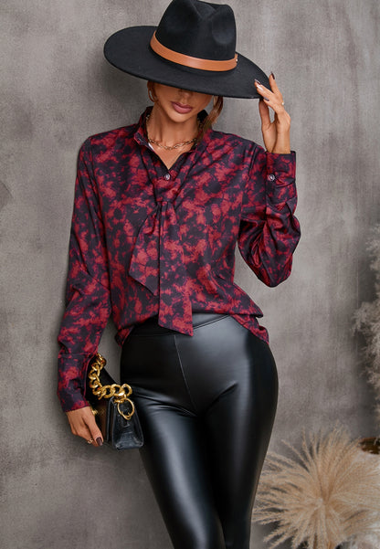Collared Tie Neck Printed Blouse
