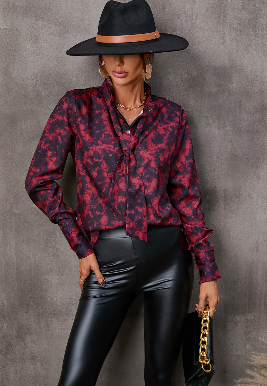 Collared Tie Neck Printed Blouse