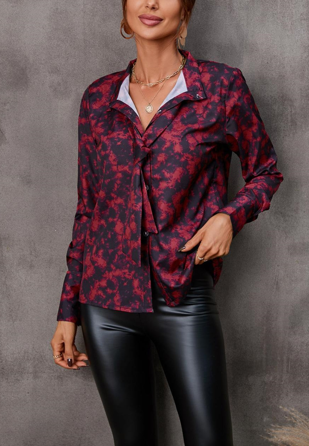 Collared Tie Neck Printed Blouse