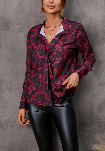 Collared Tie Neck Printed Blouse