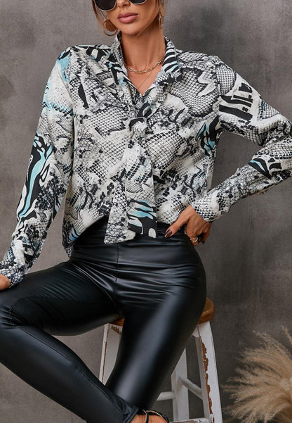Collared Tie Neck Printed Blouse