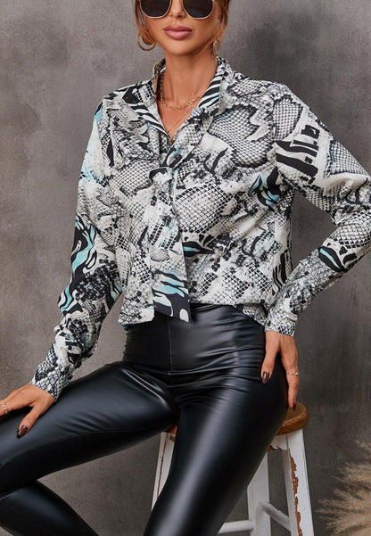 Collared Tie Neck Printed Blouse