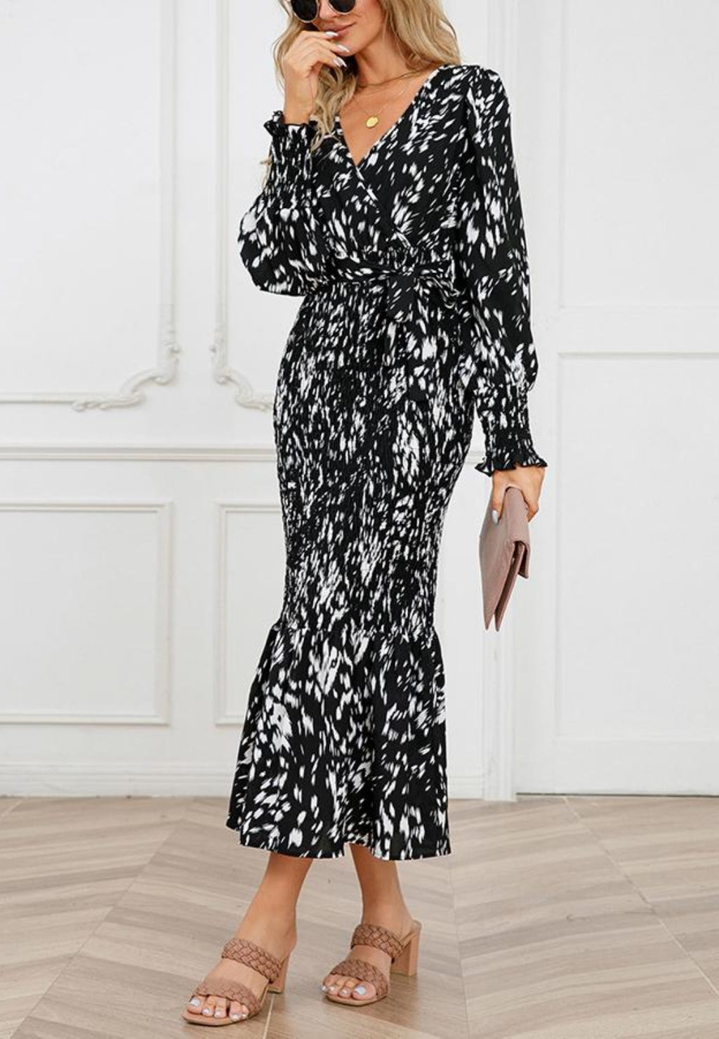 Abstract Print Shirred Bodycon Dress