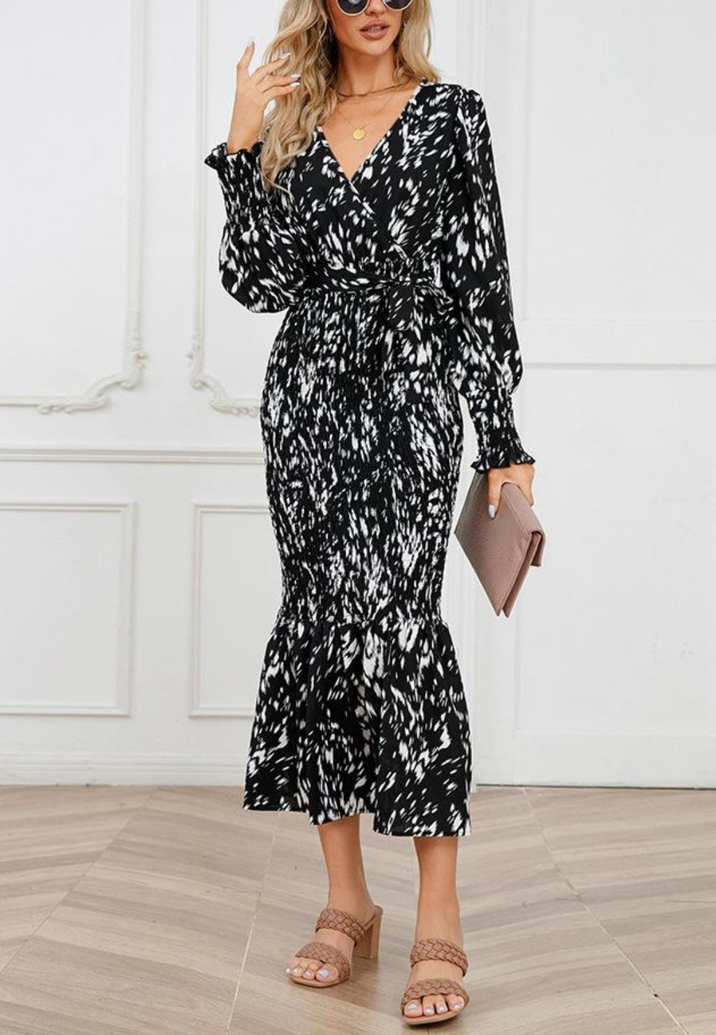 Abstract Print Shirred Bodycon Dress