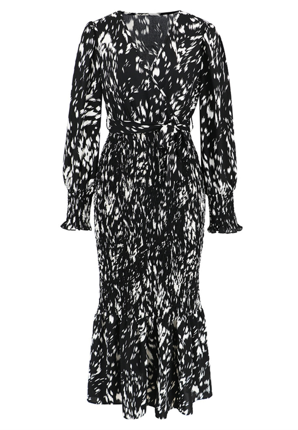 Abstract Print Shirred Bodycon Dress