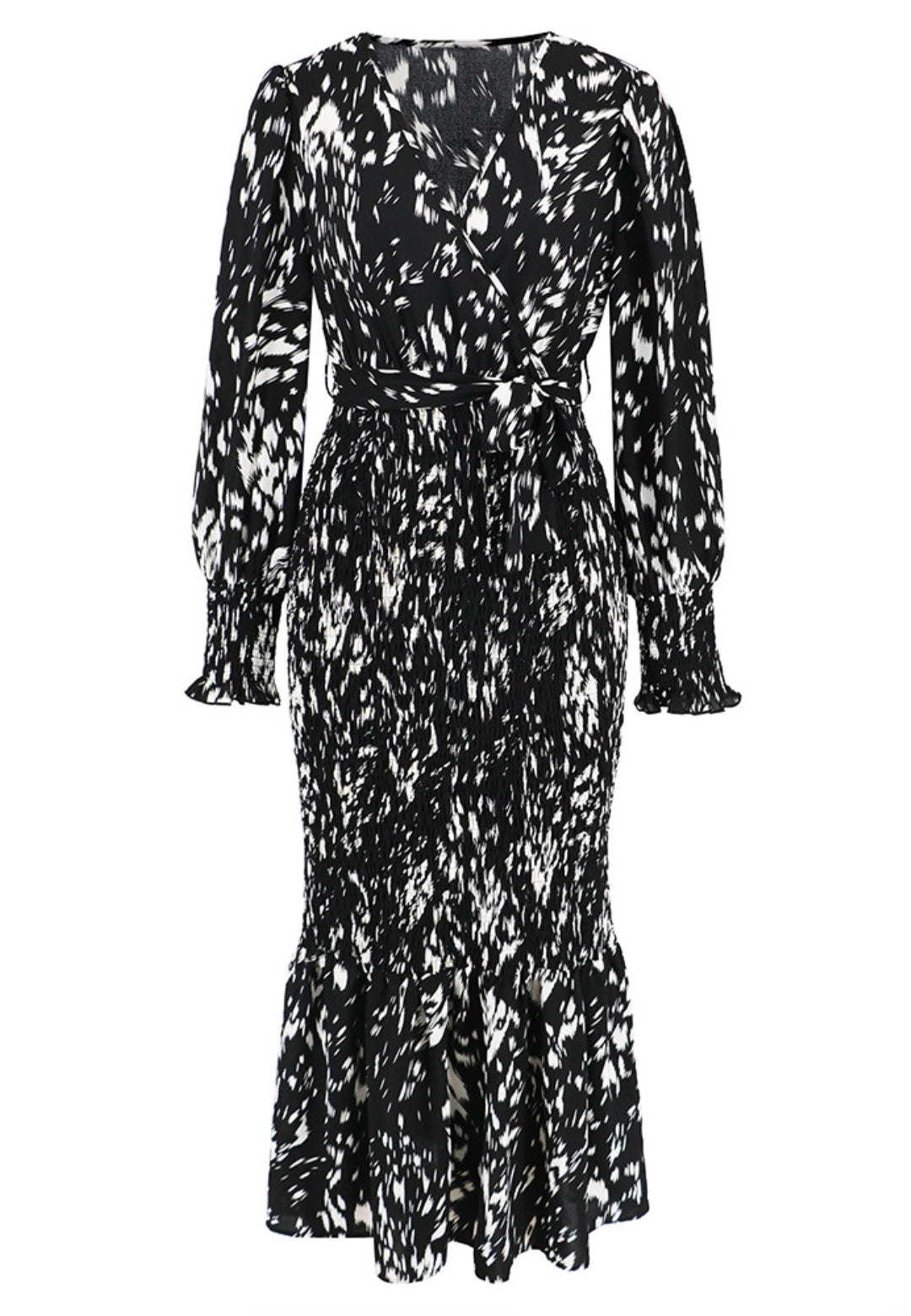 Abstract Print Shirred Bodycon Dress