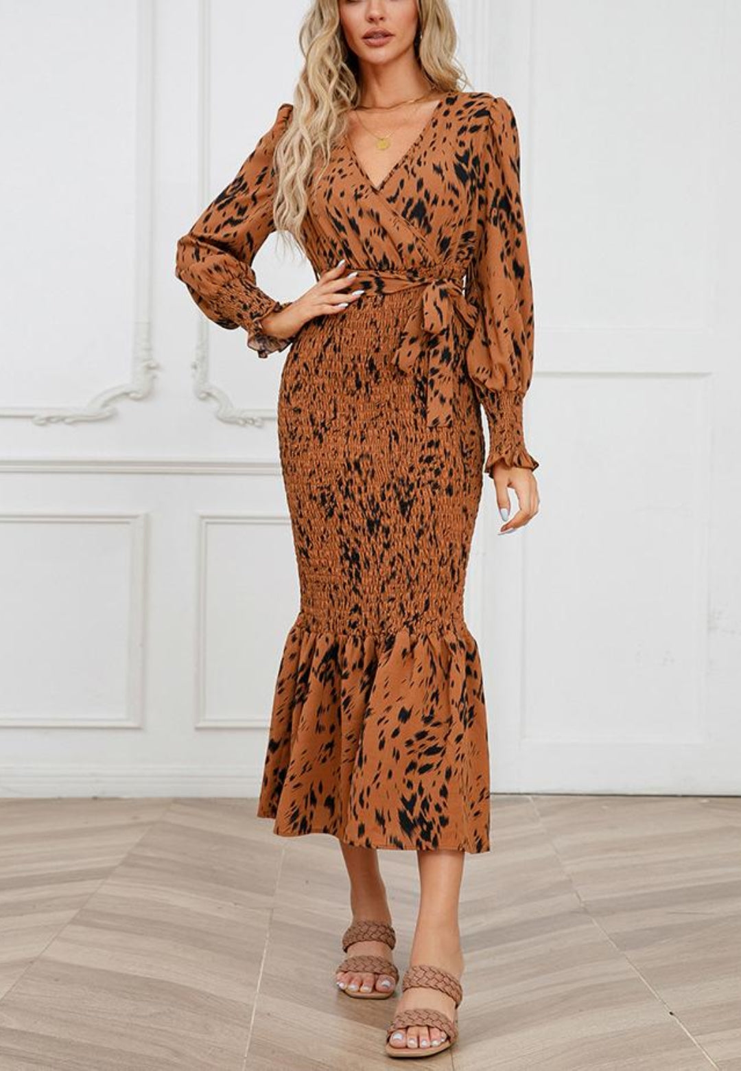 Abstract Print Shirred Bodycon Dress