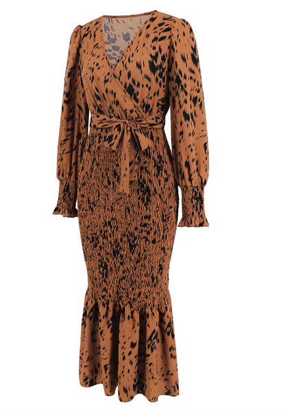 Abstract Print Shirred Bodycon Dress