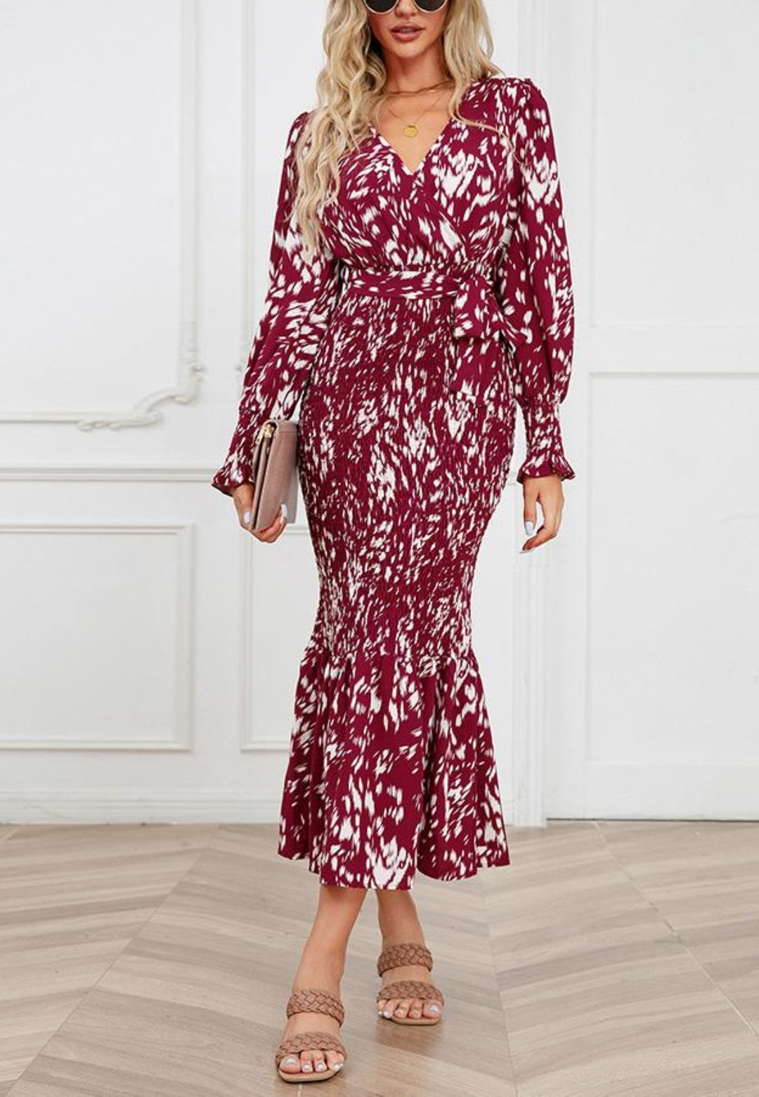 Abstract Print Shirred Bodycon Dress