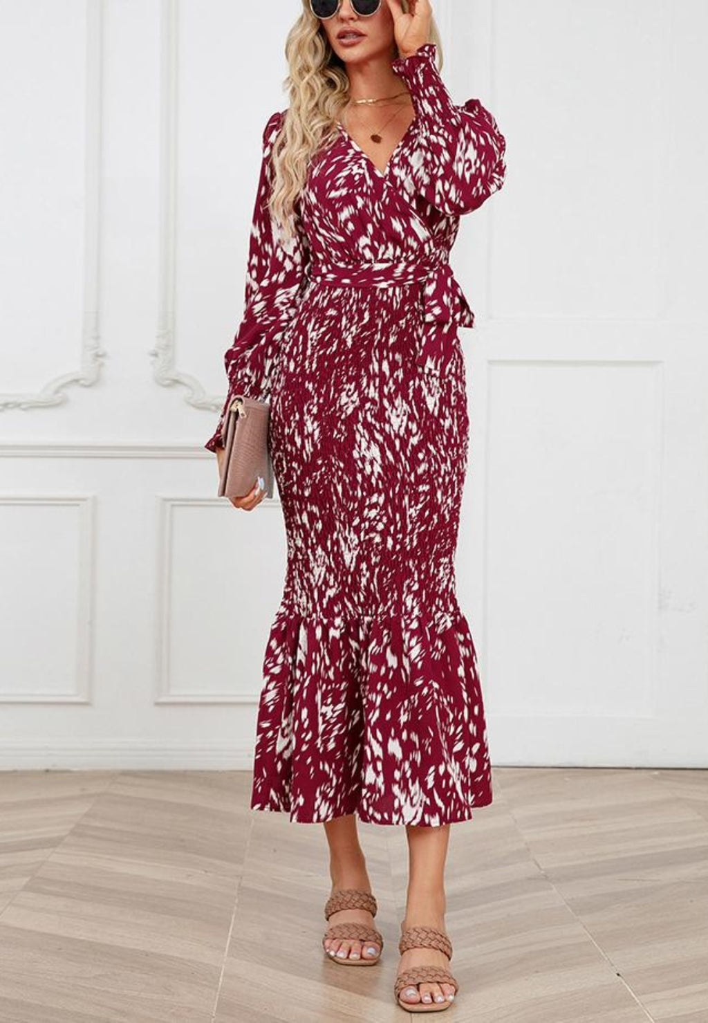 Abstract Print Shirred Bodycon Dress