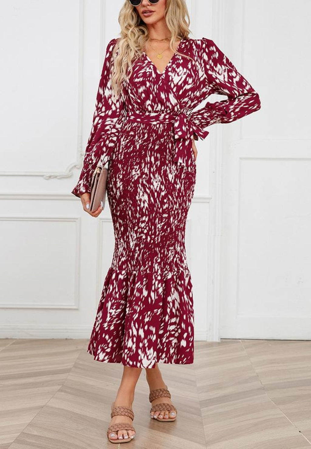 Abstract Print Shirred Bodycon Dress