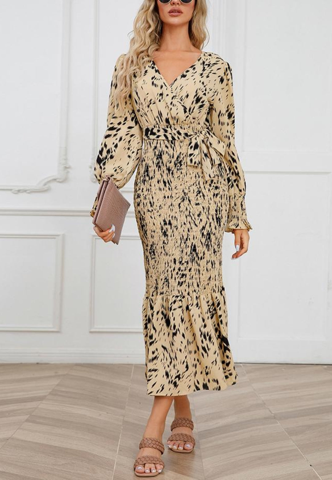 Abstract Print Shirred Bodycon Dress