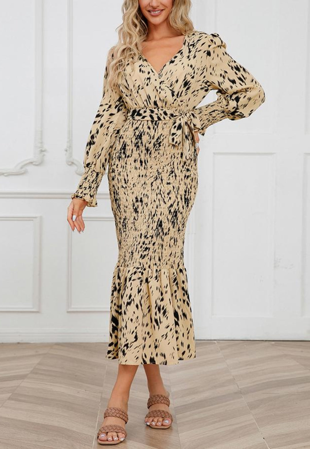 Abstract Print Shirred Bodycon Dress