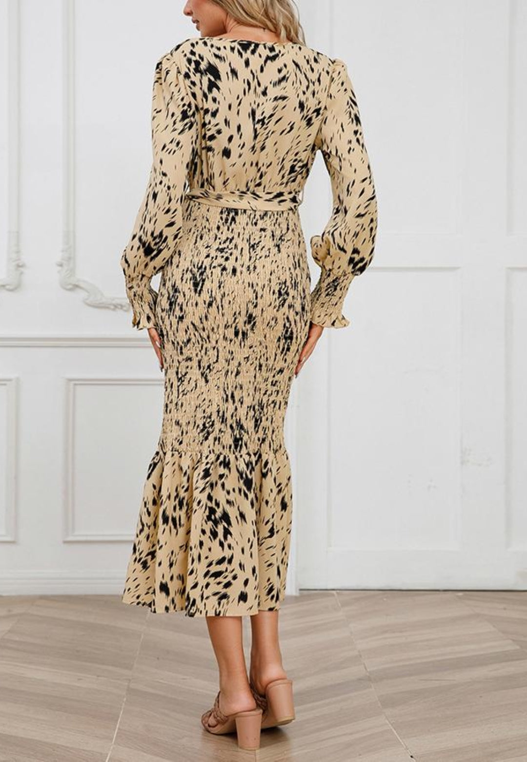 Abstract Print Shirred Bodycon Dress