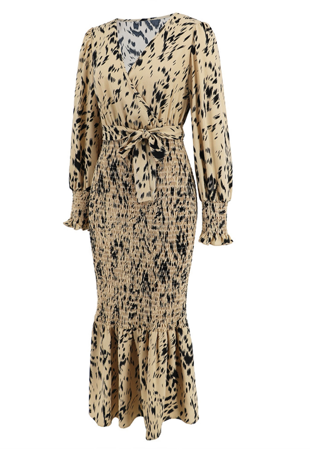 Abstract Print Shirred Bodycon Dress