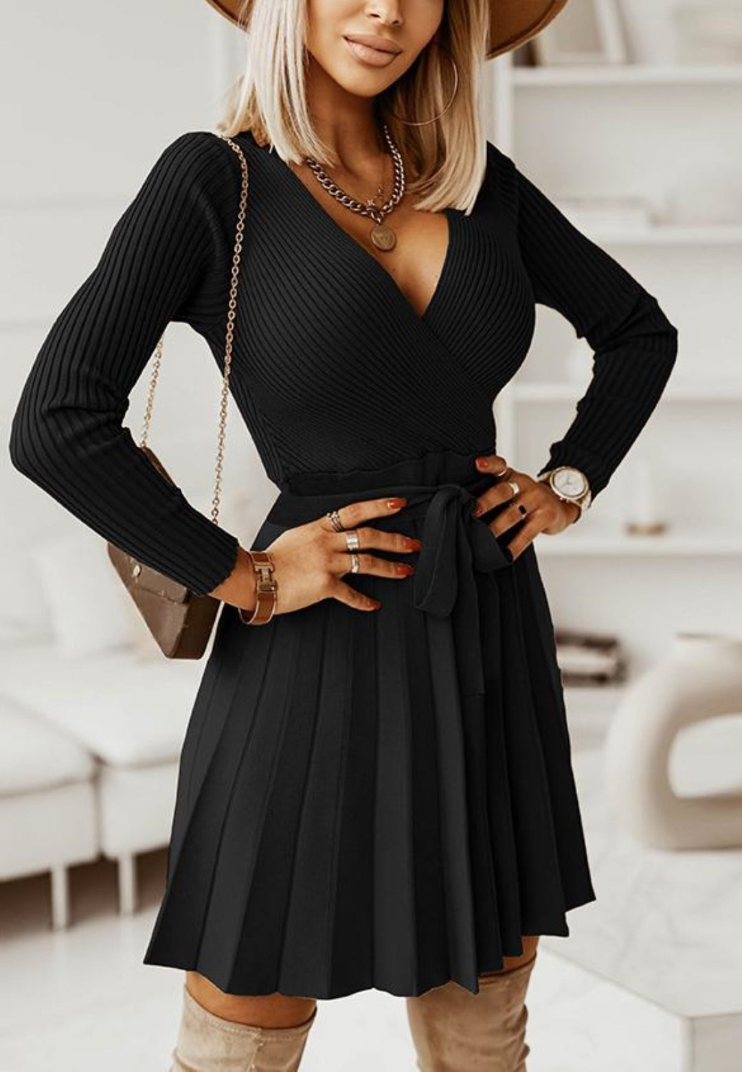 Vestido plisado de punto acanalado