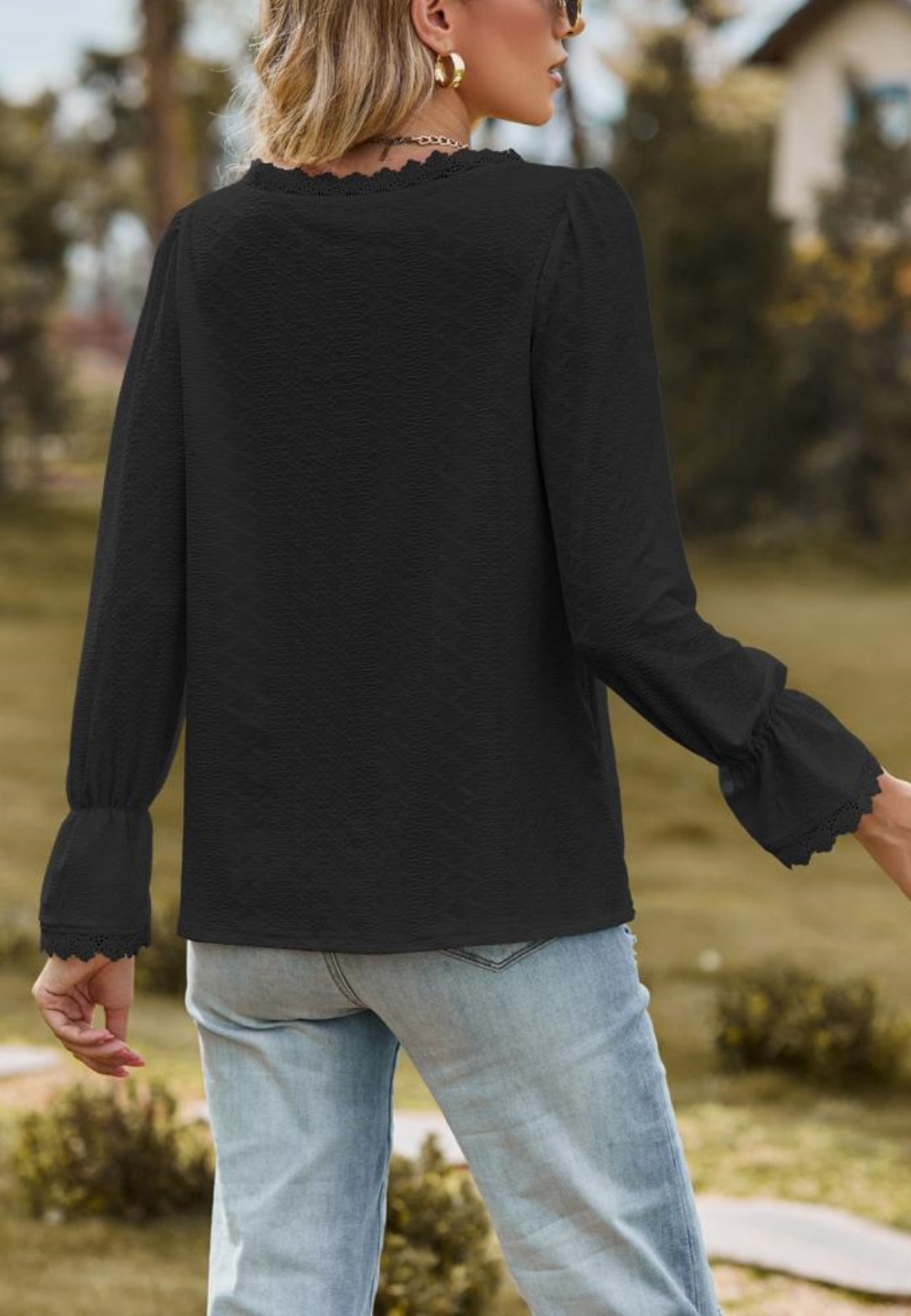 Lace Trim V Neck Textured Blouse