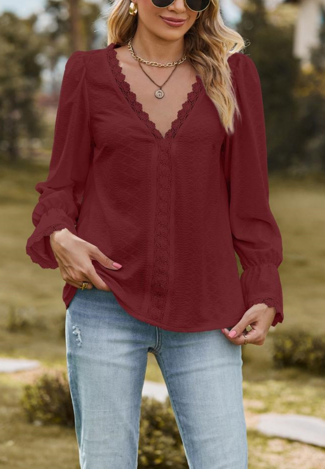 Lace Trim V Neck Textured Blouse