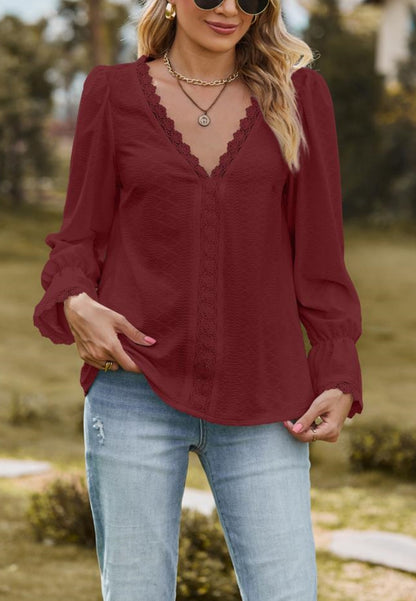 Lace Trim V Neck Textured Blouse