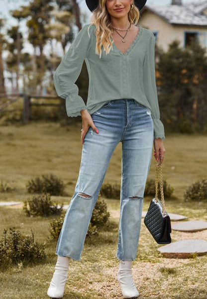 Lace Trim V Neck Textured Blouse