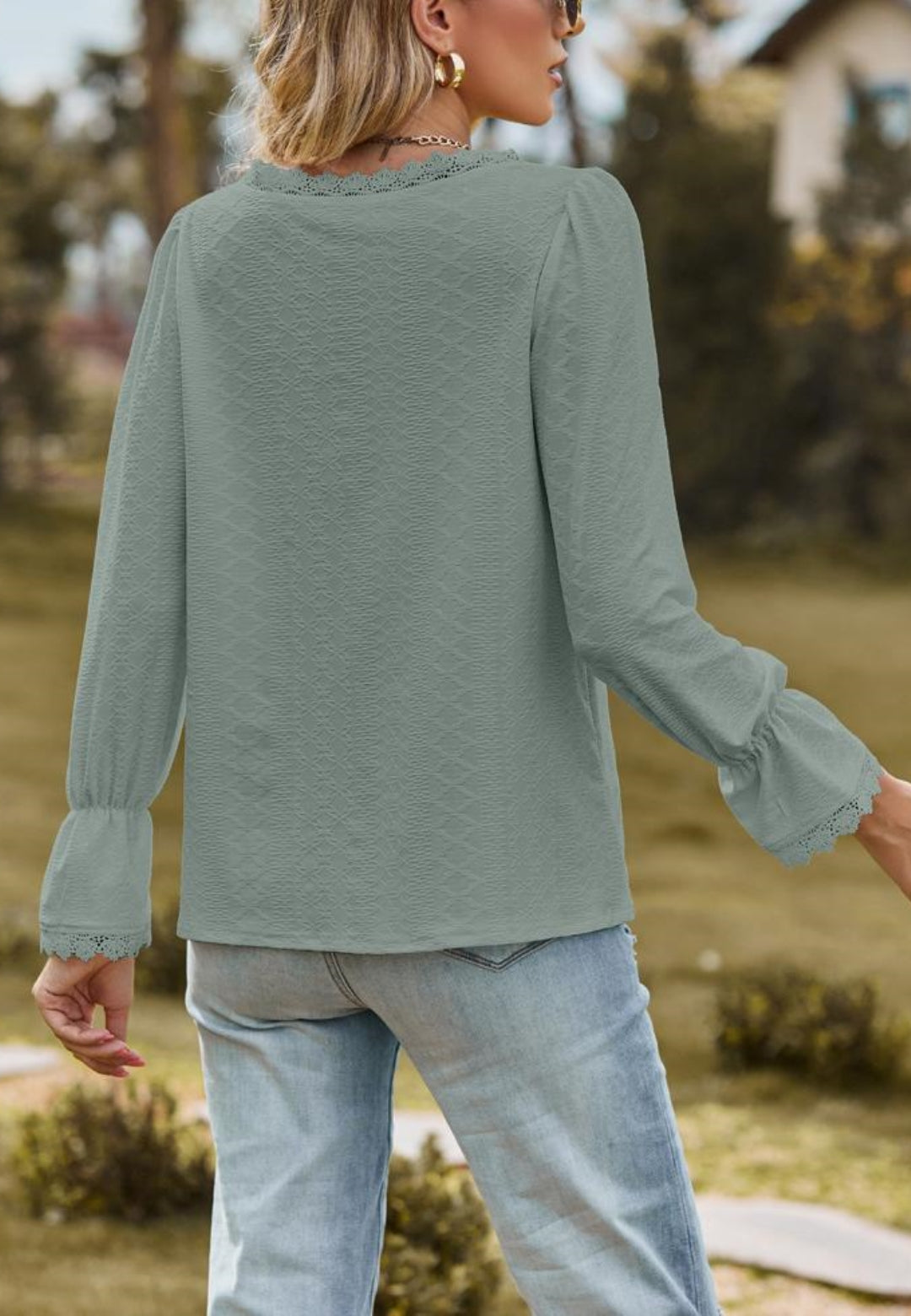 Lace Trim V Neck Textured Blouse