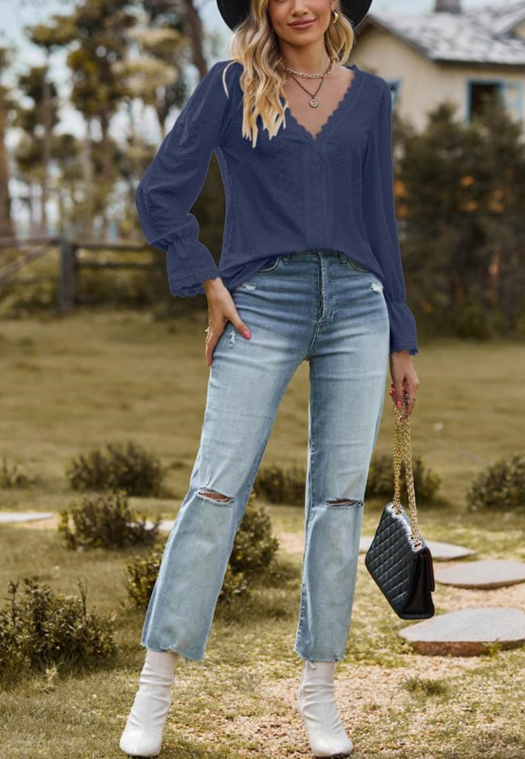 Lace Trim V Neck Textured Blouse