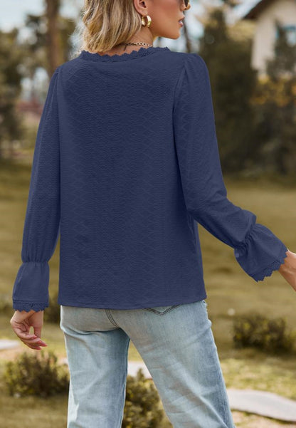 Lace Trim V Neck Textured Blouse