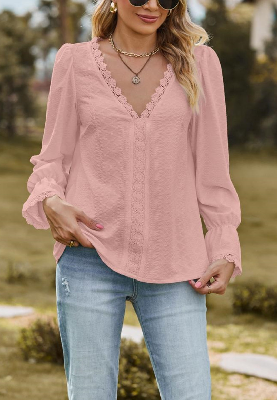 Lace Trim V Neck Textured Blouse