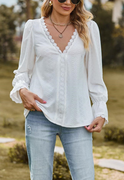 Lace Trim V Neck Textured Blouse