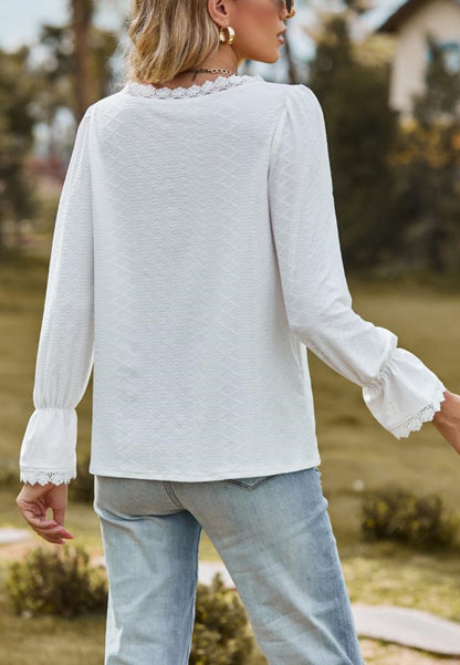 Lace Trim V Neck Textured Blouse