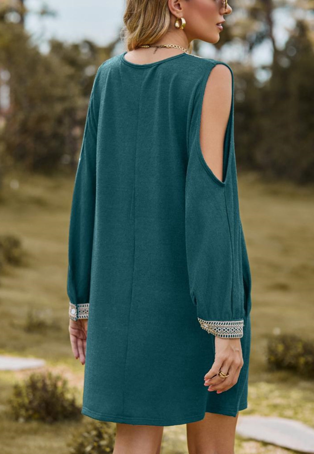 Crochet V Neck Cold Shoulder Dress